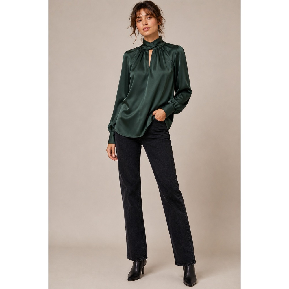 Fifty Street Blouse Emerald Green Satin Keyhole Top High Collar Size M NWT